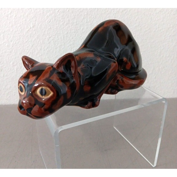 Source Unknown Other - Crouching Calico Cat Figurine Drip Glazed Ceramic 8" Long Hunter Black Brown MCM